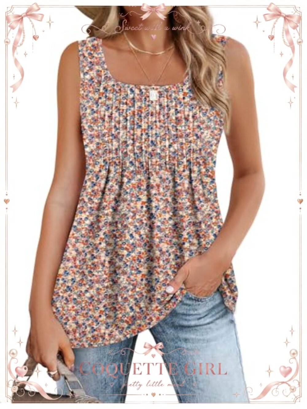 Women's Pleated Square Neck Sleeveless Tank Top Loose Flowy Tunic
